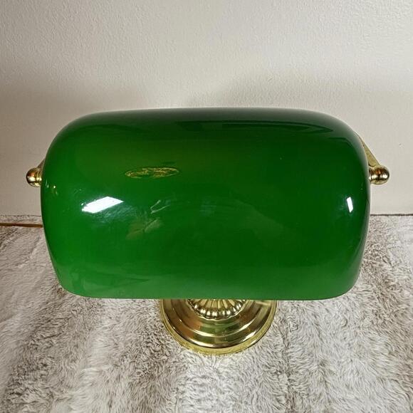 Vintage Green Bankers Lamp Brass Base Pull Chain Glass Shade Works - Picture 7 of 9